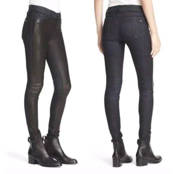 Rag & Bone Hyde Black Lamb Leather & Indigo Denim Combo Skinny‎ Jean Size 27 - Picture 2 of 16